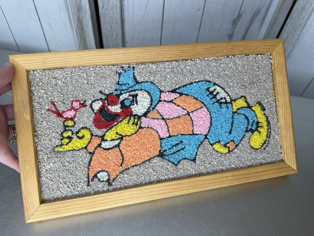 Vintage Gravel Pebble Art Clown with Bird Mid Century Modern Wall Decor MCM